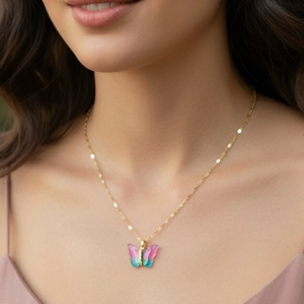 Butterfly Pink Green Gold Plated Necklace - Picture 3 of 13